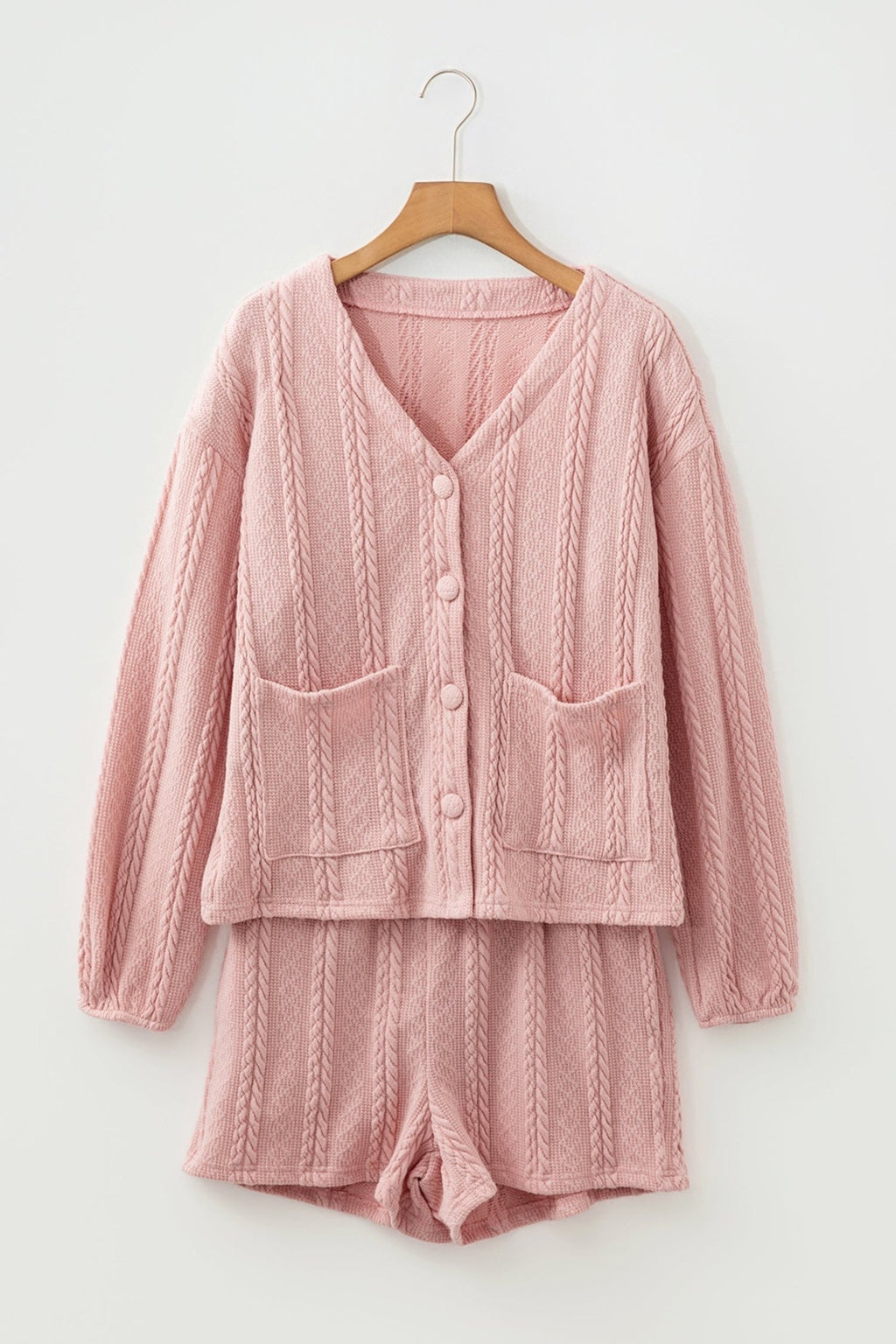 Cable Knit V-Neck Cardigan and Shorts Set - Rooted & Reckless Co.