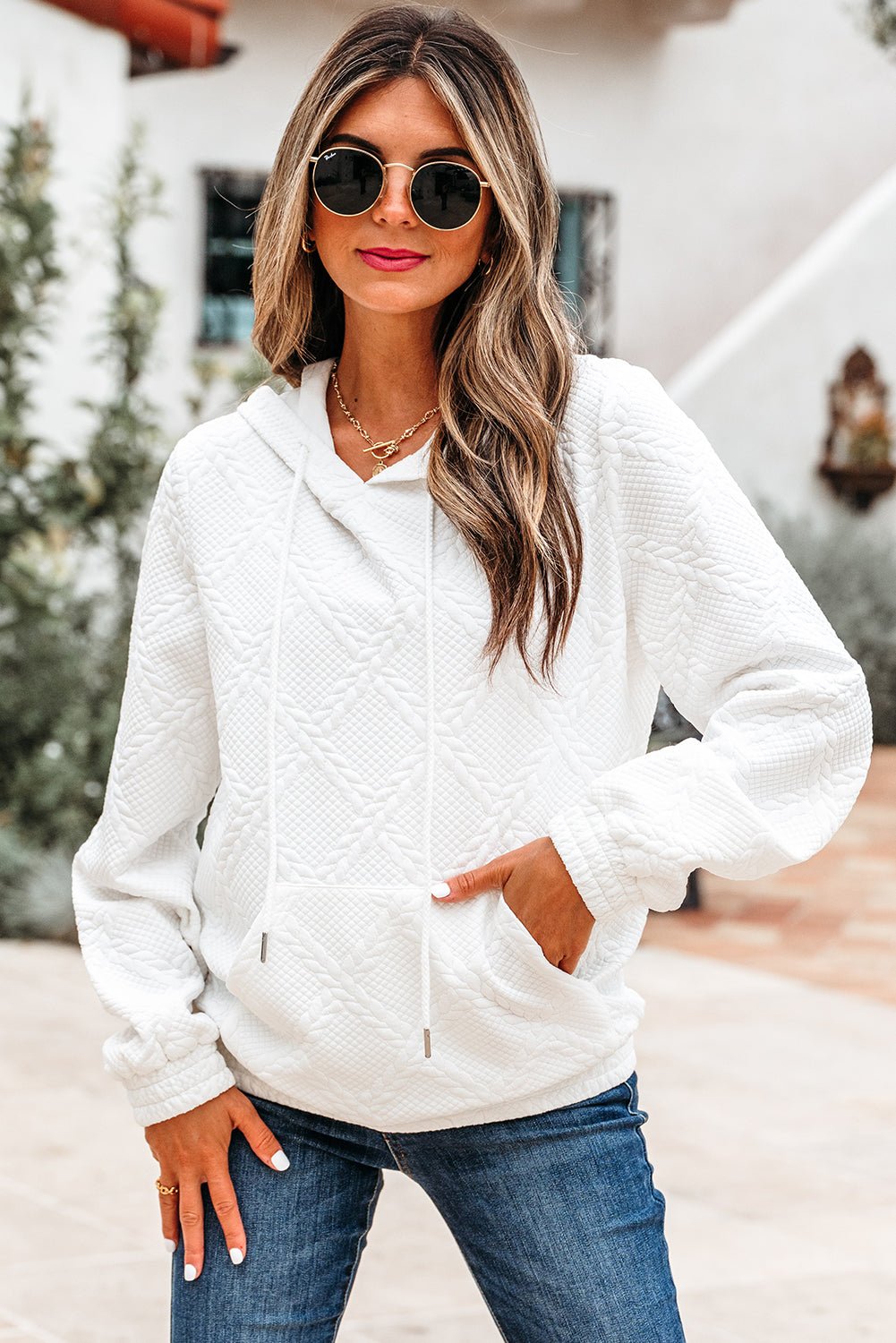 Cable Lattice Textured Kangaroo Pocket Hoodie - Rooted & Reckless Co.