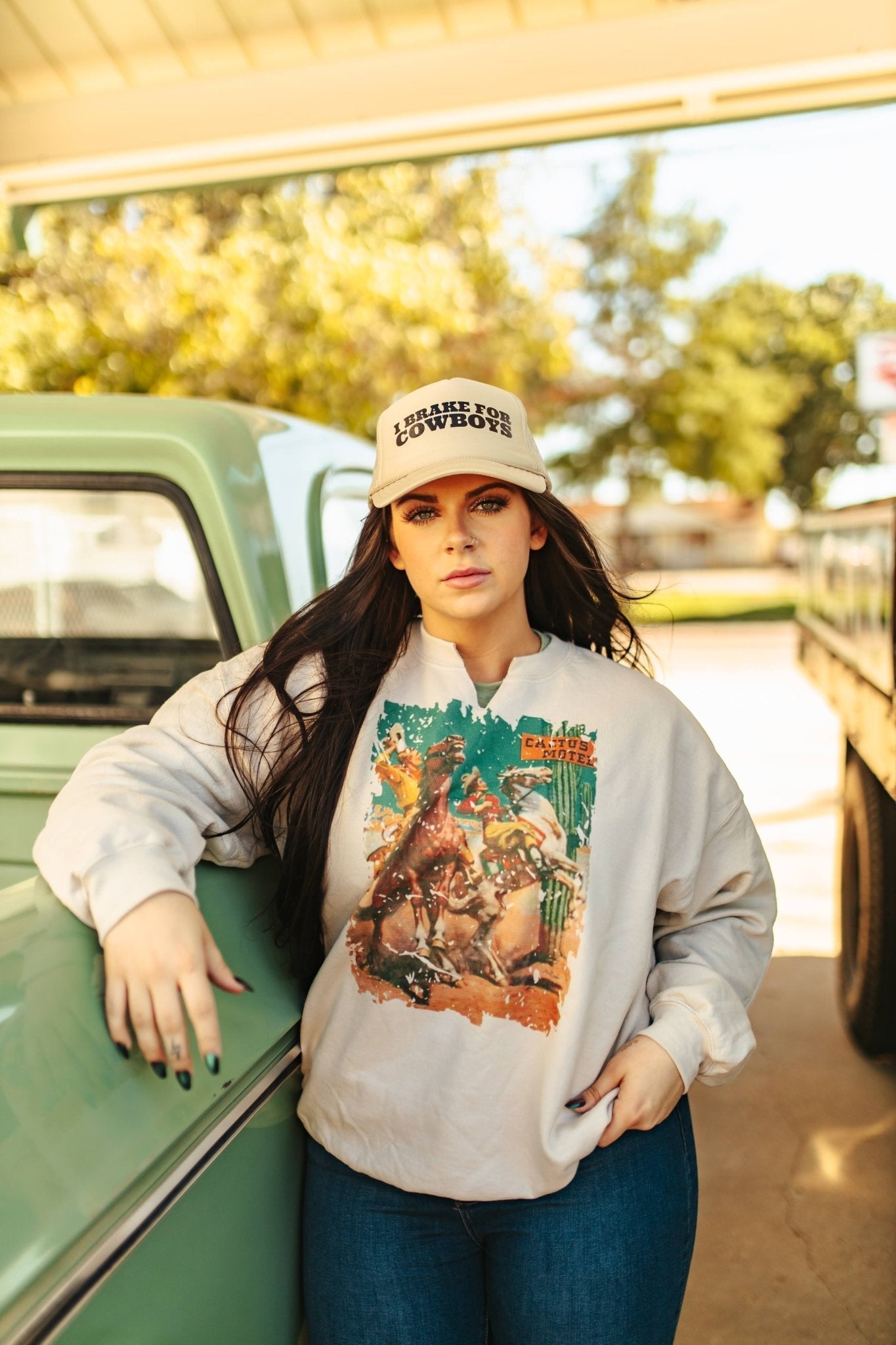 Cactus Motel Raw Cut V-neck Western Graphic Sweatshirt - Rooted & Reckless Co.