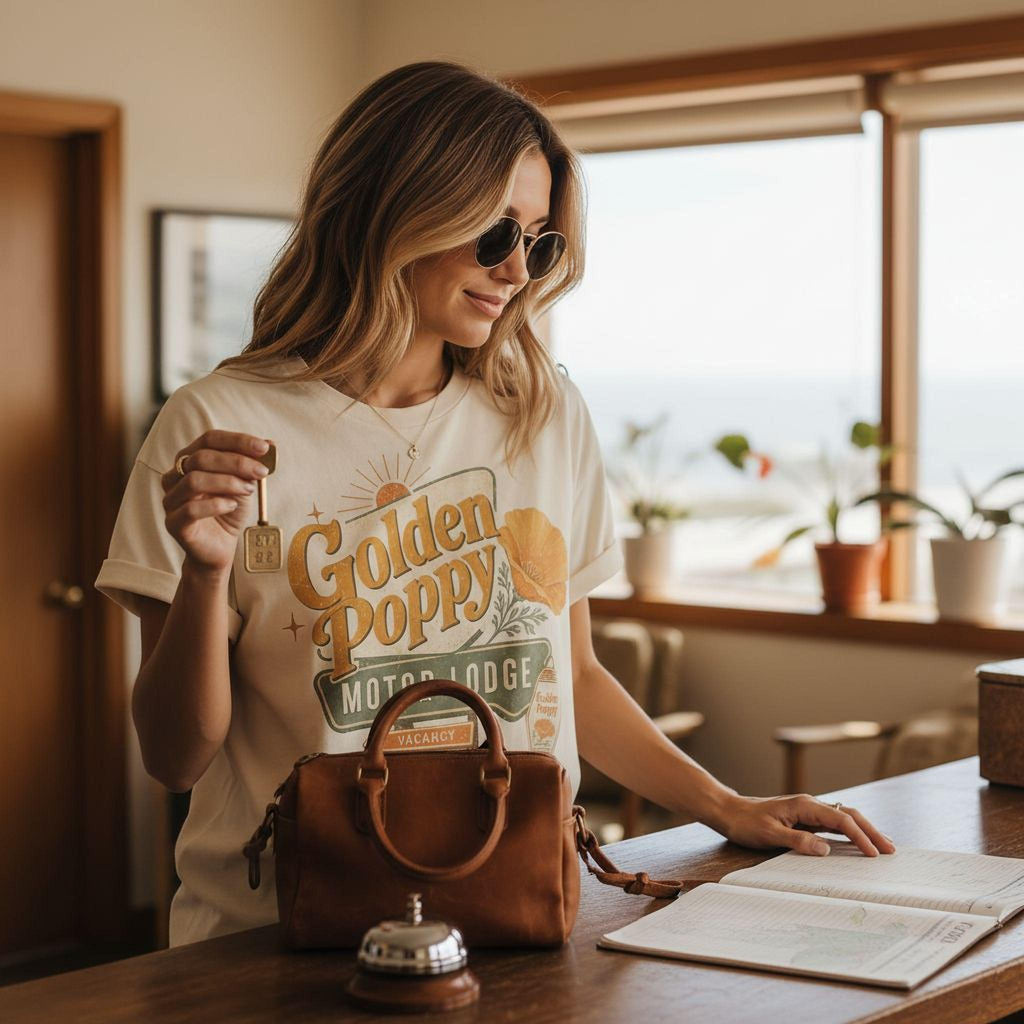 California Poppy Shirt - Retro Travel Tee | Soft Cotton Botanical Print - Rooted & Reckless Co.