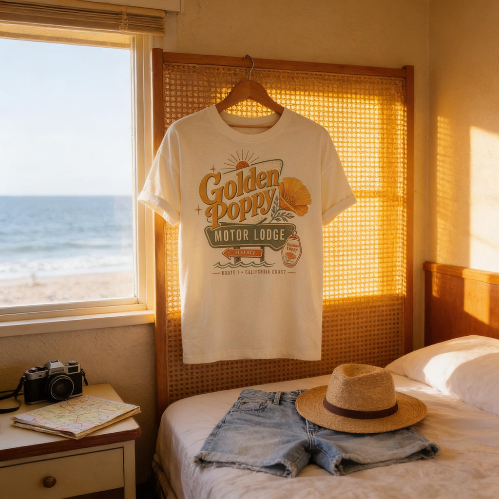 California Poppy Shirt - Retro Travel Tee | Soft Cotton Botanical Print - Rooted & Reckless Co.