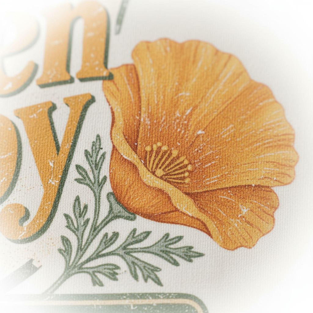 California Poppy Shirt - Retro Travel Tee | Soft Cotton Botanical Print - Rooted & Reckless Co.