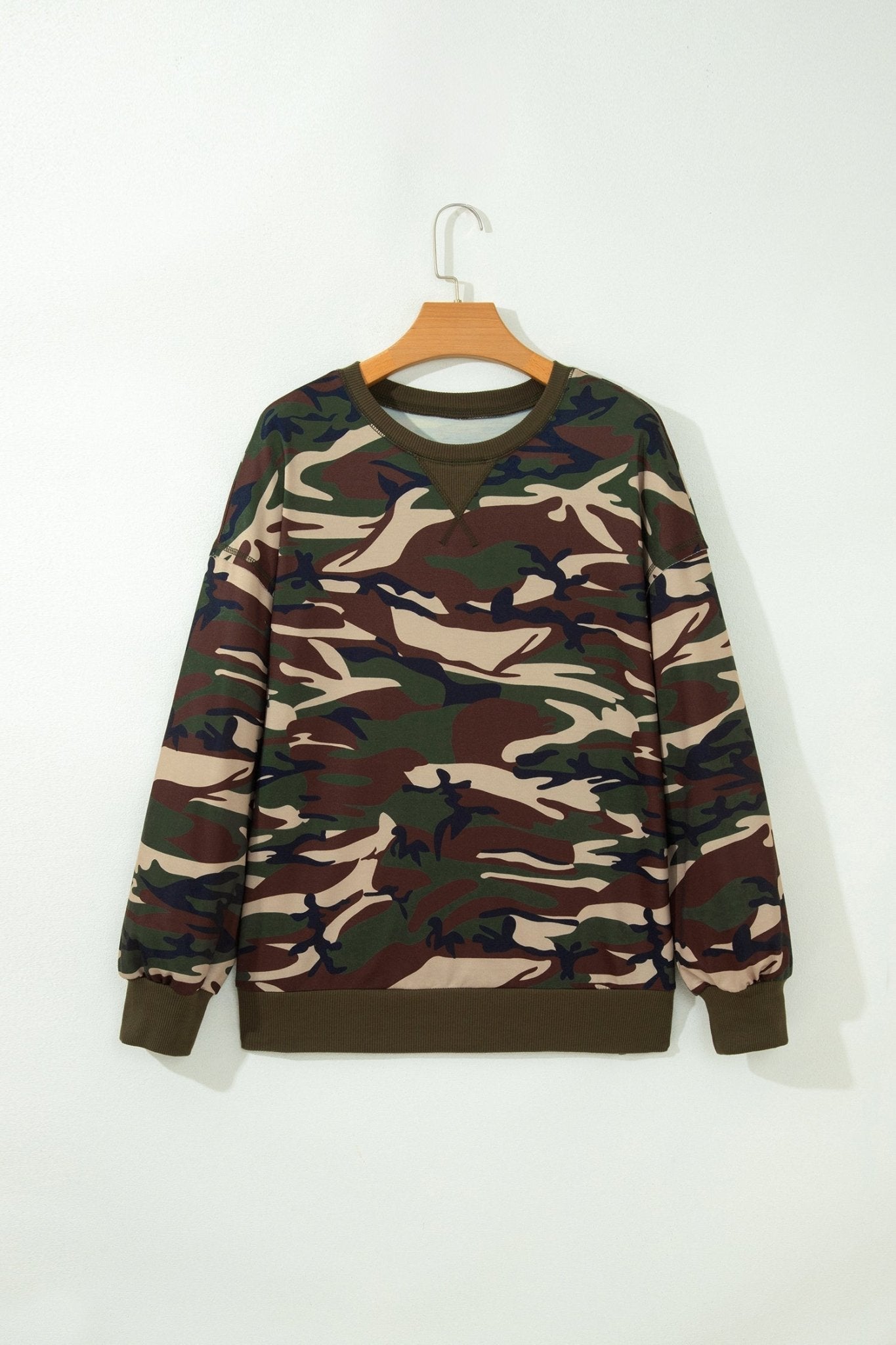 Camo Baggy Round Neck Long Sleeve Pullover Sweatshirt - Rooted & Reckless Co.