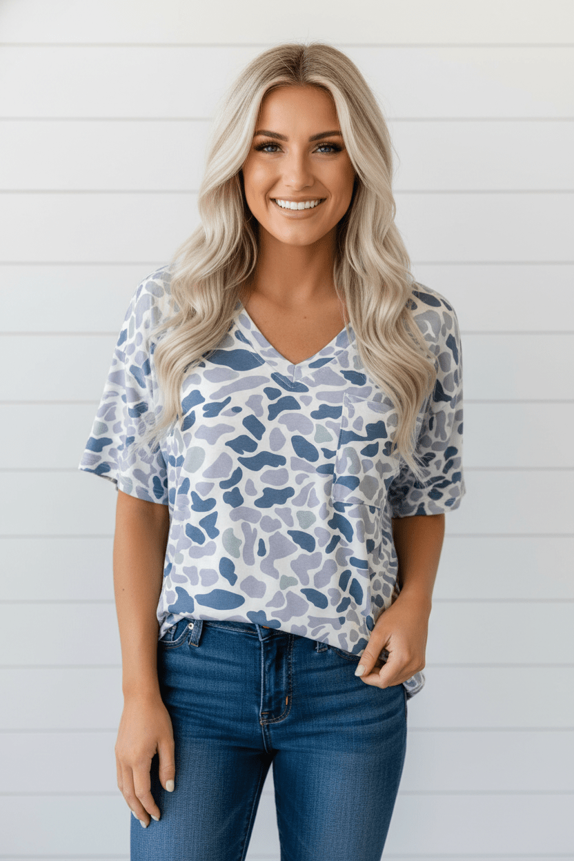 Camo Chest Pocket V-Neck Short Sleeve Tee - Rooted & Reckless Co.