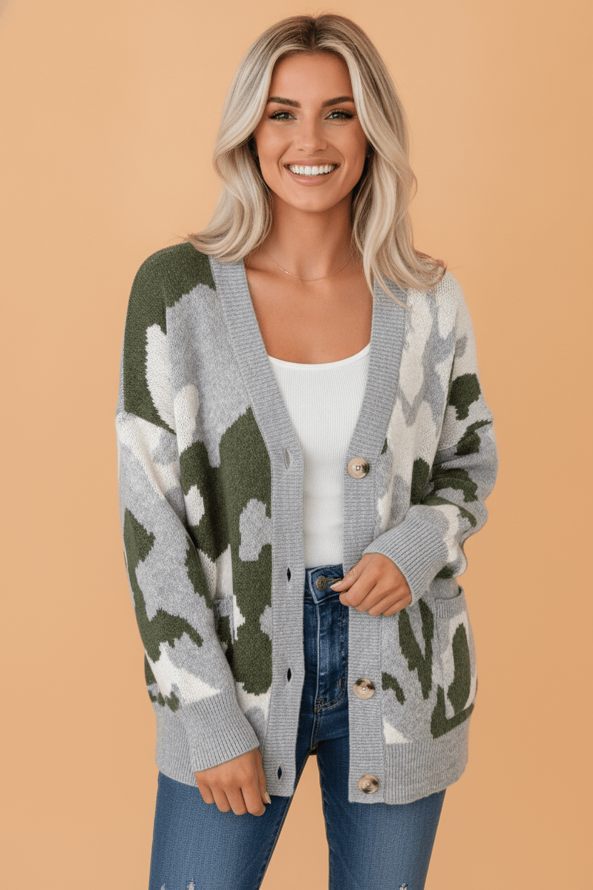 Camo Contrast Trim Buttoned V-Neck Cardigan - Rooted & Reckless Co.