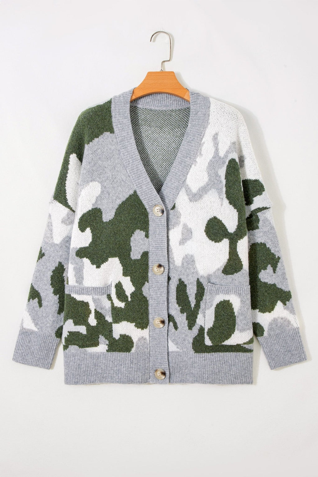 Camo Contrast Trim Buttoned V-Neck Cardigan - Rooted & Reckless Co.