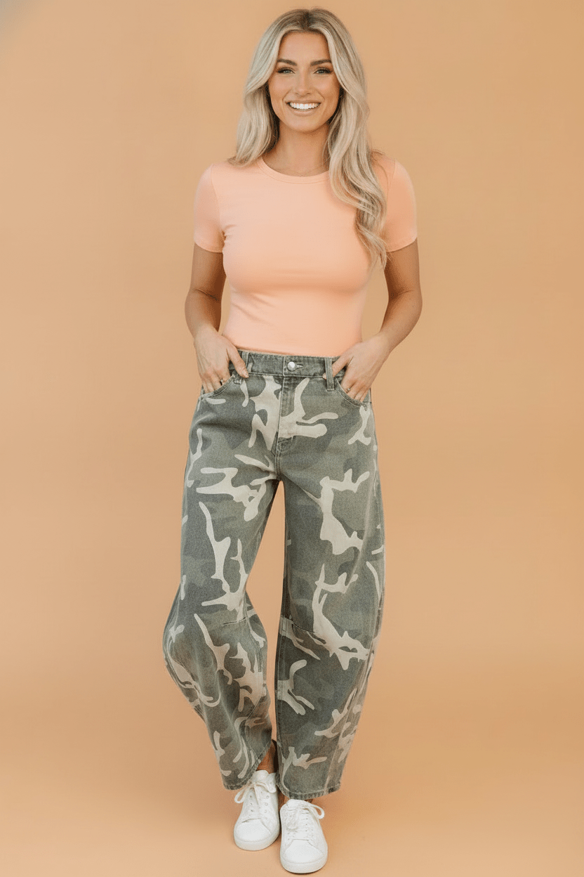 Camo Denim Button Fly Straight Leg Jeans - Rooted & Reckless Co.