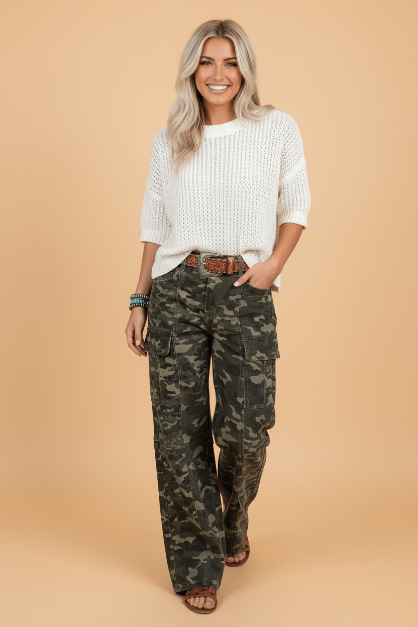 Camo Denim Cargo Pocket Wide Leg Pants - Rooted & Reckless Co.