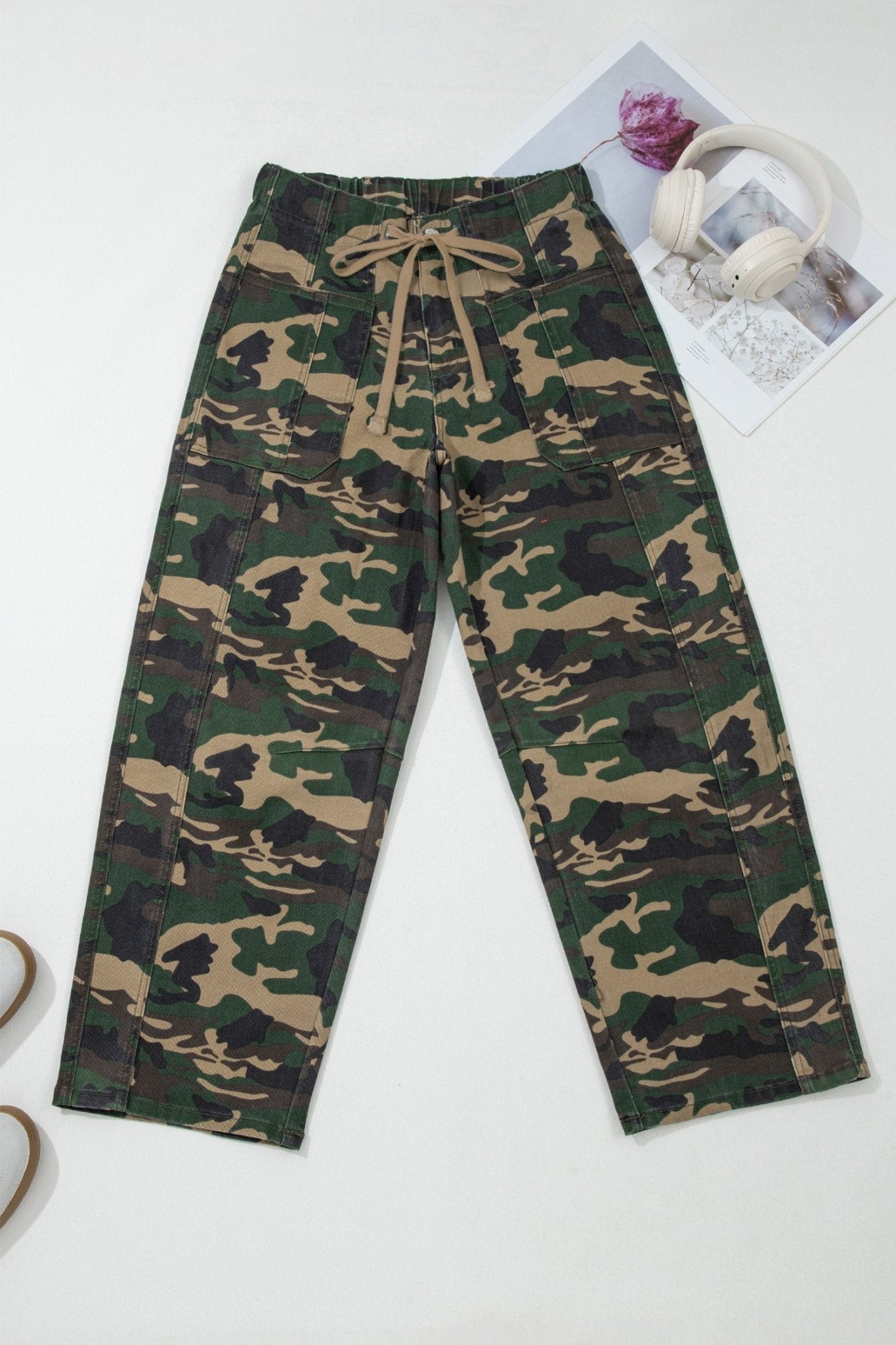 Camo Denim Patch Pocket Drawstring Barrel Leg Jeans - Rooted & Reckless Co.