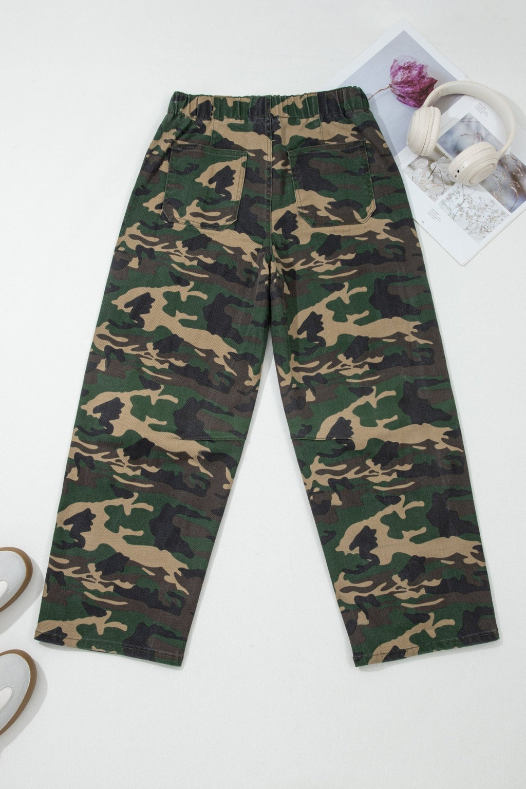 Camo Denim Patch Pocket Drawstring Barrel Leg Jeans - Rooted & Reckless Co.