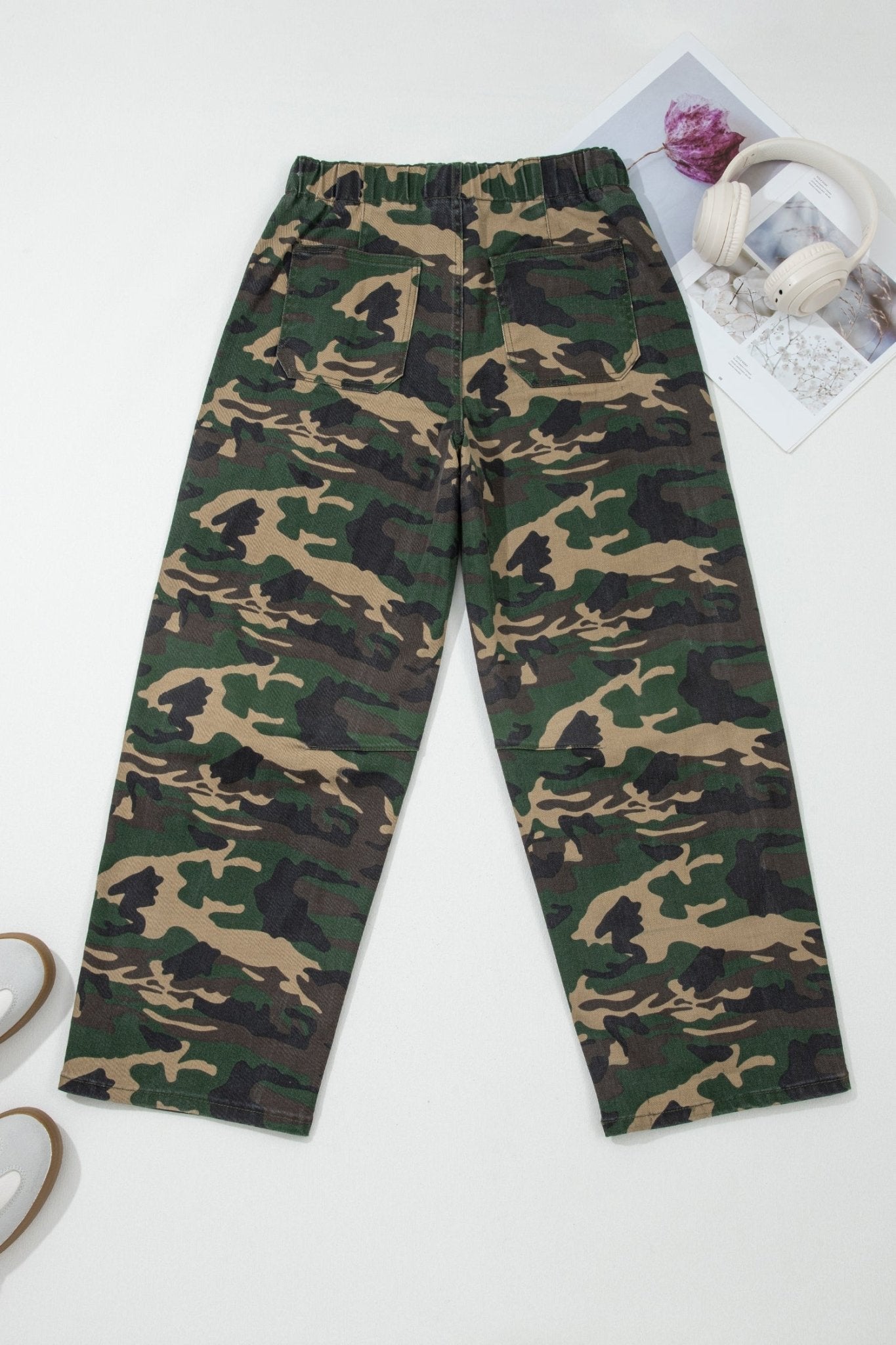 Camo Denim Patch Pocket Drawstring Barrel Leg Jeans - Rooted & Reckless Co.