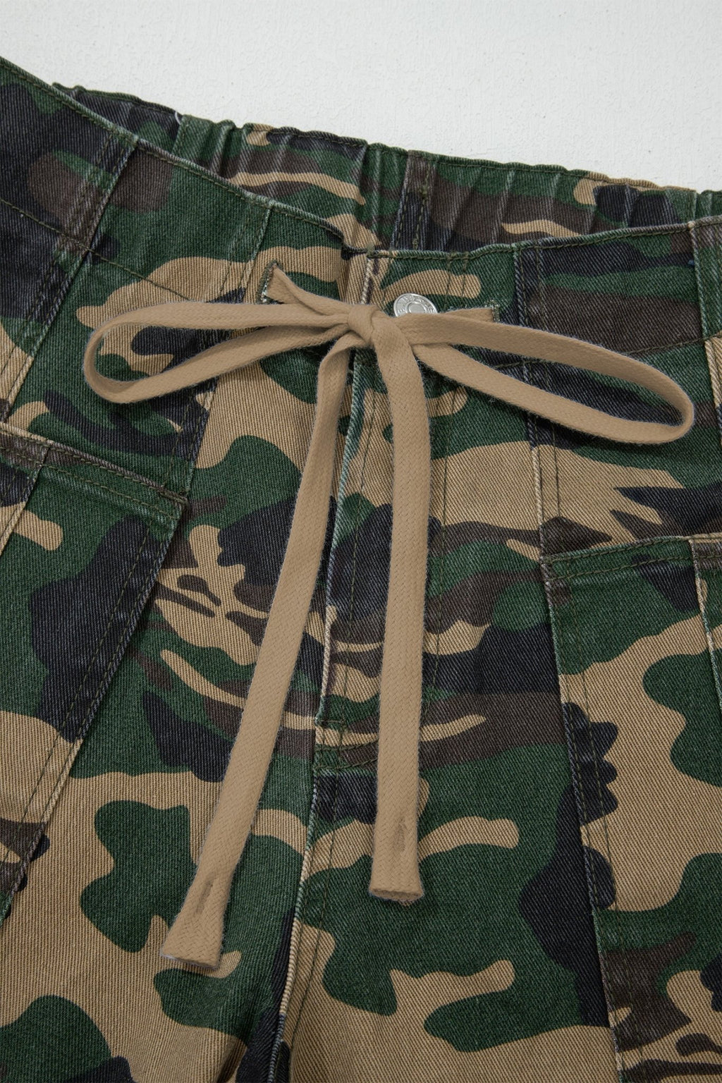 Camo Denim Patch Pocket Drawstring Barrel Leg Jeans - Rooted & Reckless Co.