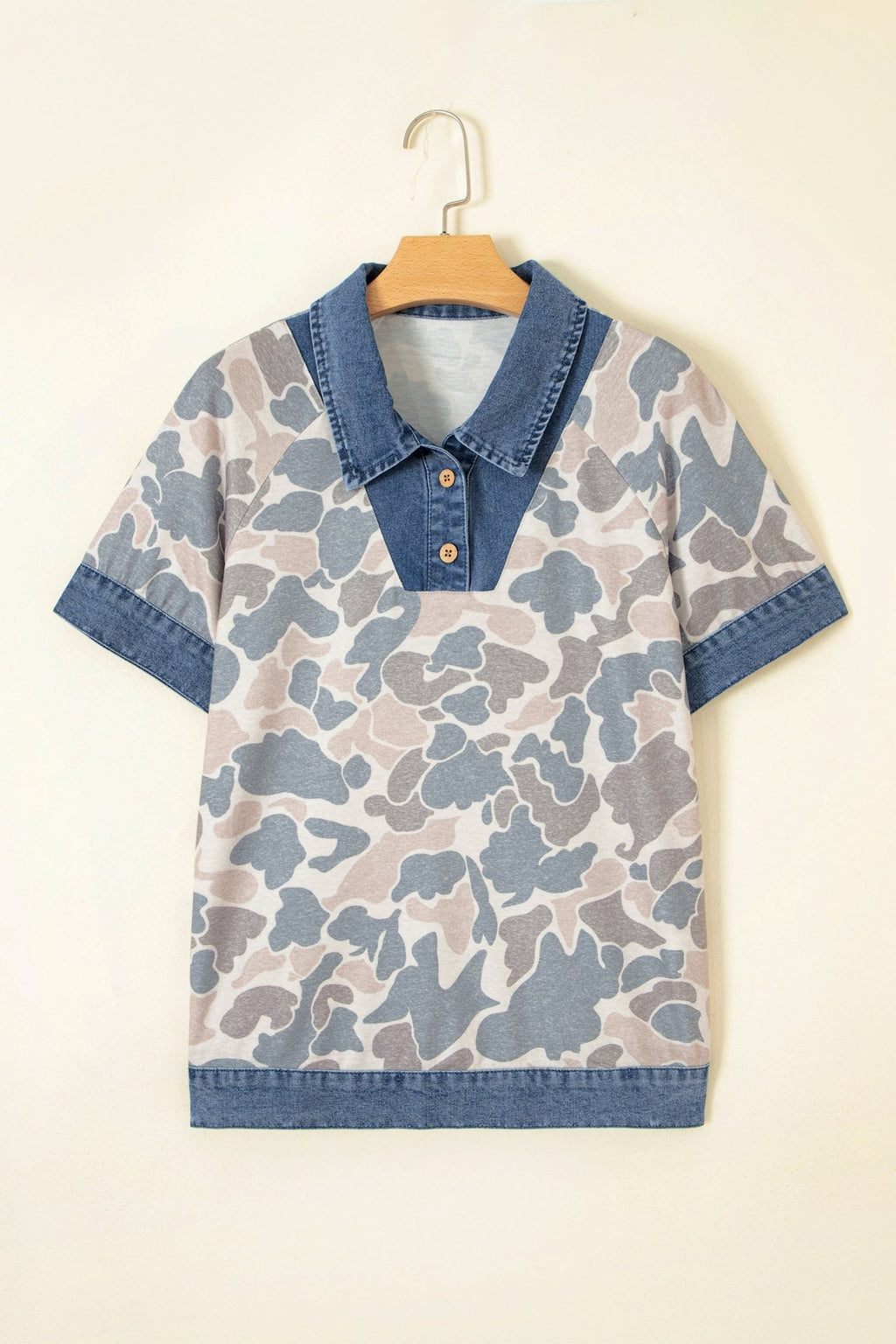 Camo Denim Patchwork Polo Collar Tee - Rooted & Reckless Co.