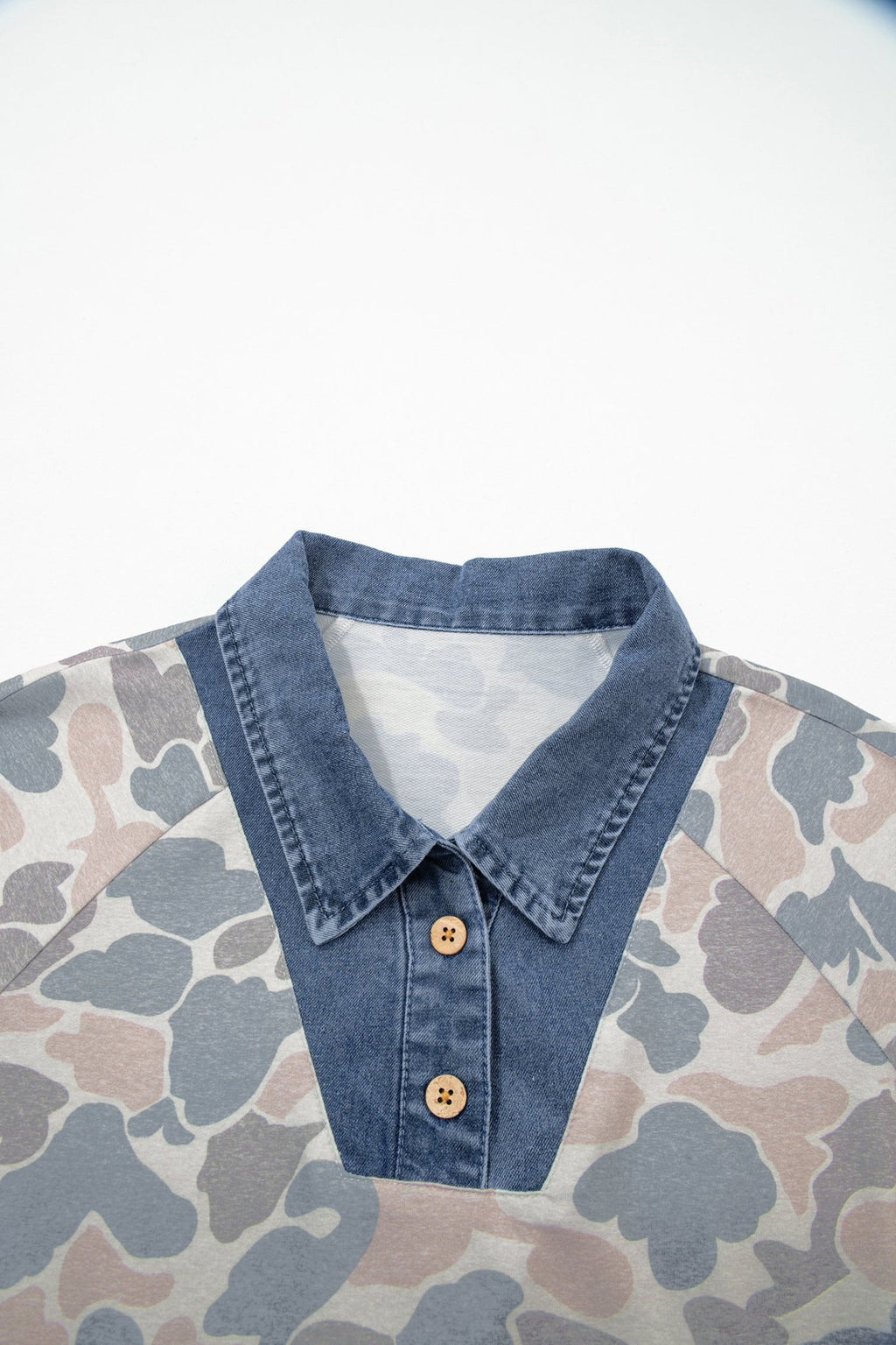 Camo Denim Patchwork Polo Collar Tee - Rooted & Reckless Co.