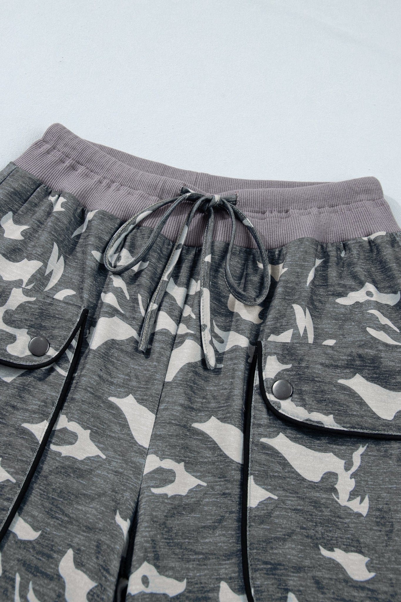 Camo Drawstring Contrast Waistband Barrel Cargo Pants - Rooted & Reckless Co.