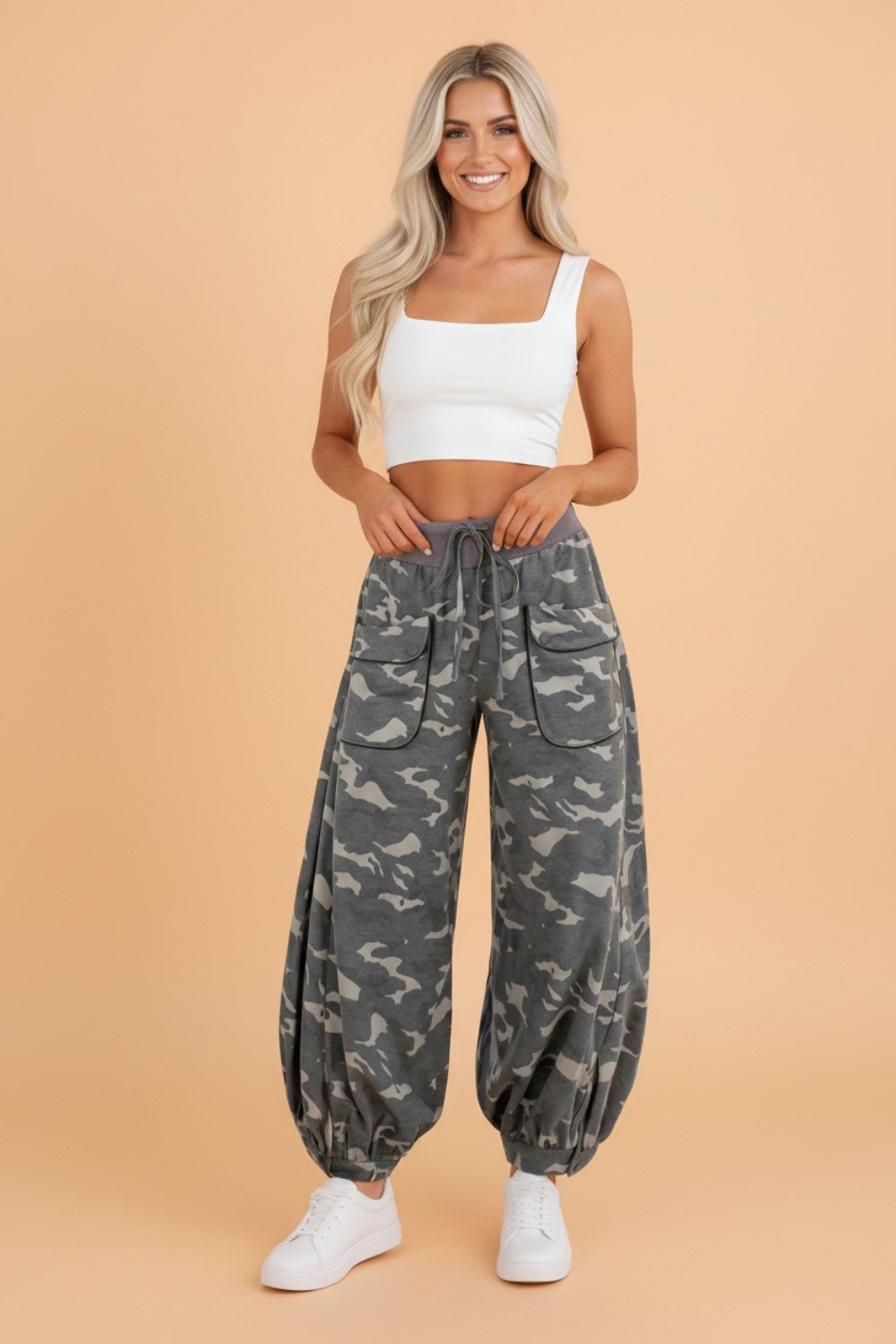 Camo Drawstring Contrast Waistband Barrel Cargo Pants - Rooted & Reckless Co.