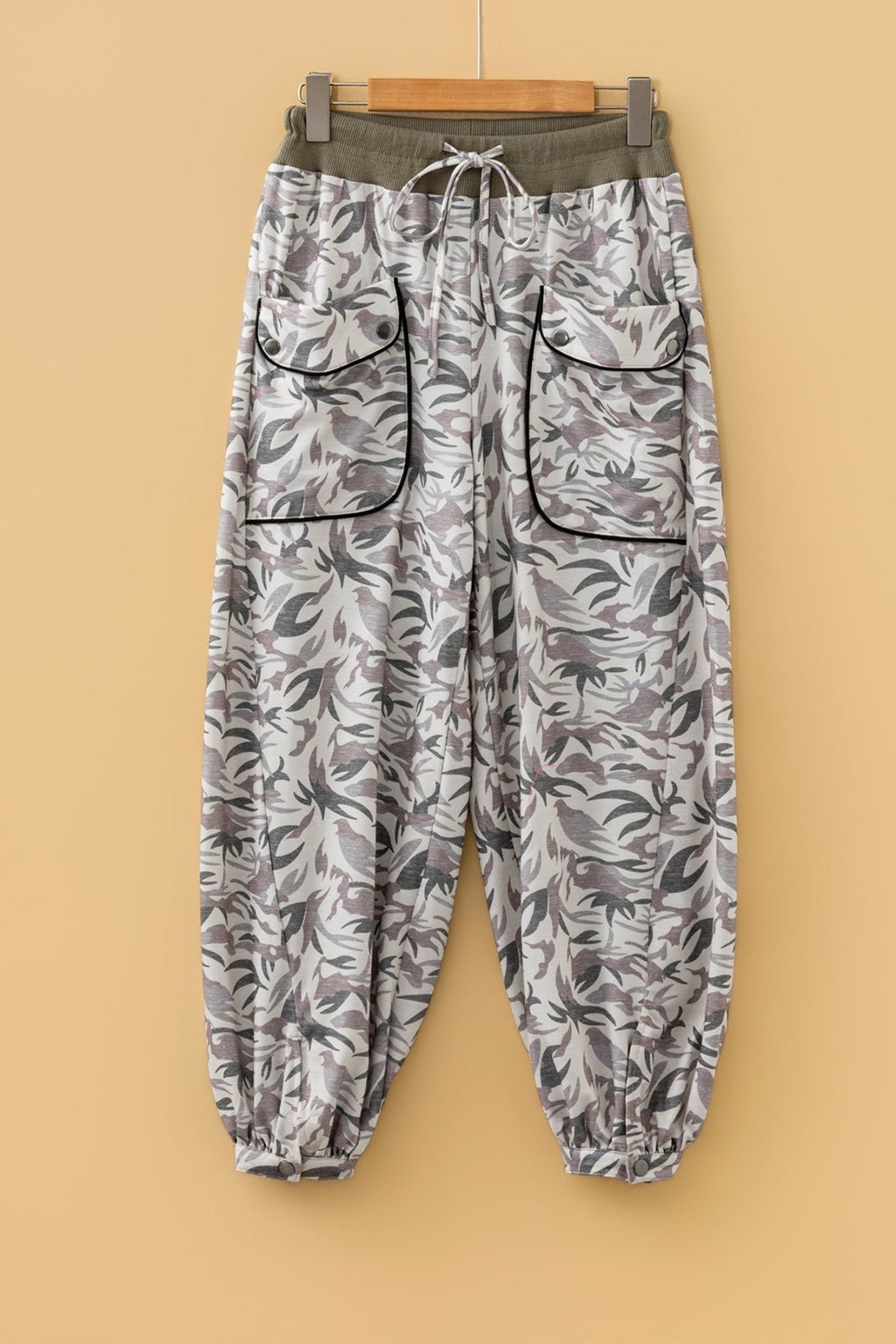 Camo Drawstring Contrast Waistband Barrel Cargo Pants - Rooted & Reckless Co.