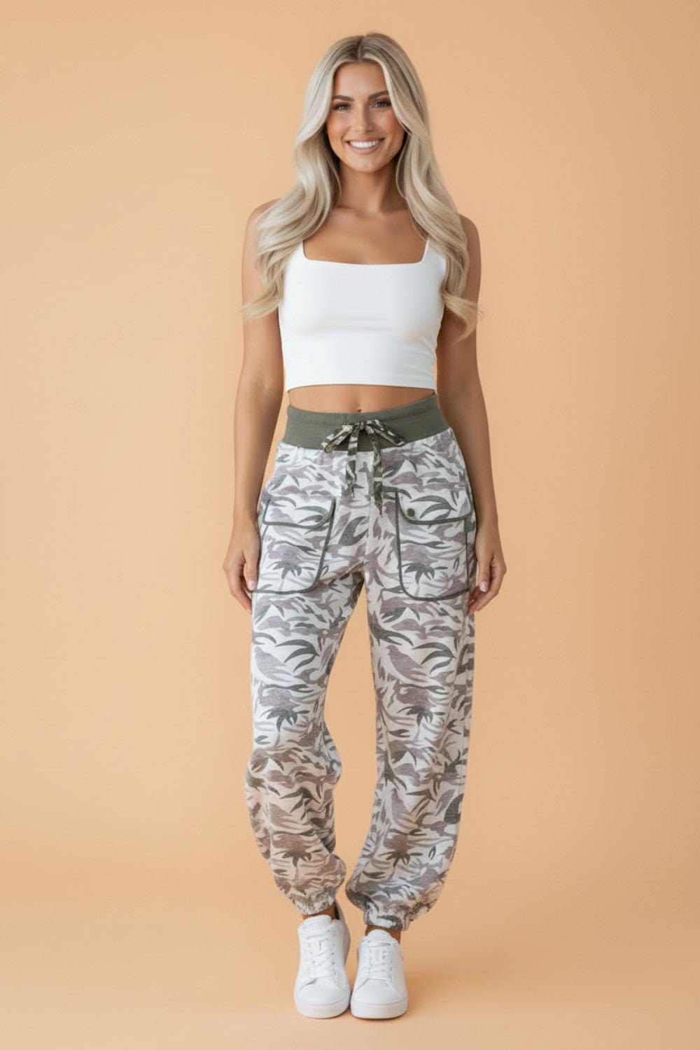 Camo Drawstring Contrast Waistband Barrel Cargo Pants - Rooted & Reckless Co.