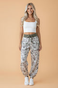 Camo Drawstring Contrast Waistband Barrel Cargo Pants - Rooted & Reckless Co.
