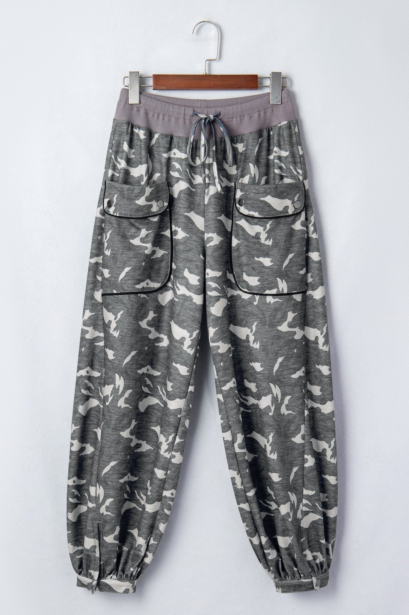 Camo Drawstring Contrast Waistband Barrel Cargo Pants - Rooted & Reckless Co.