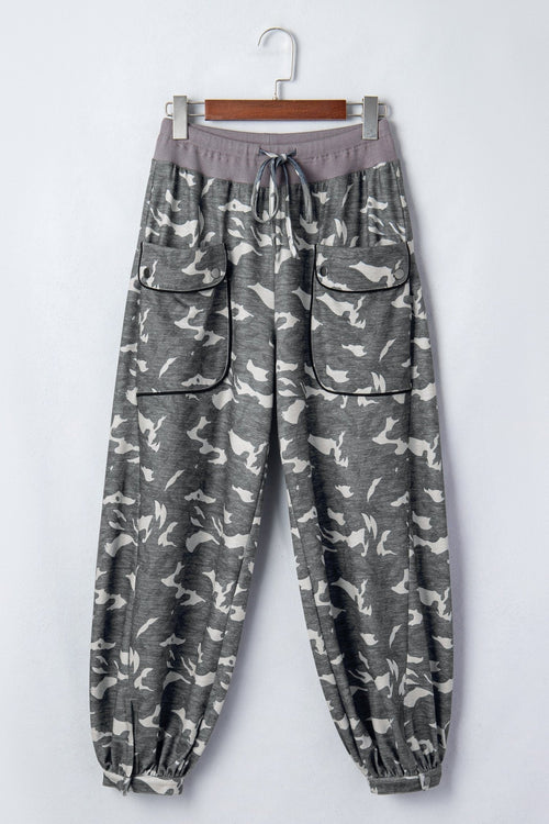 Camo Drawstring Contrast Waistband Barrel Cargo Pants - Rooted & Reckless Co.