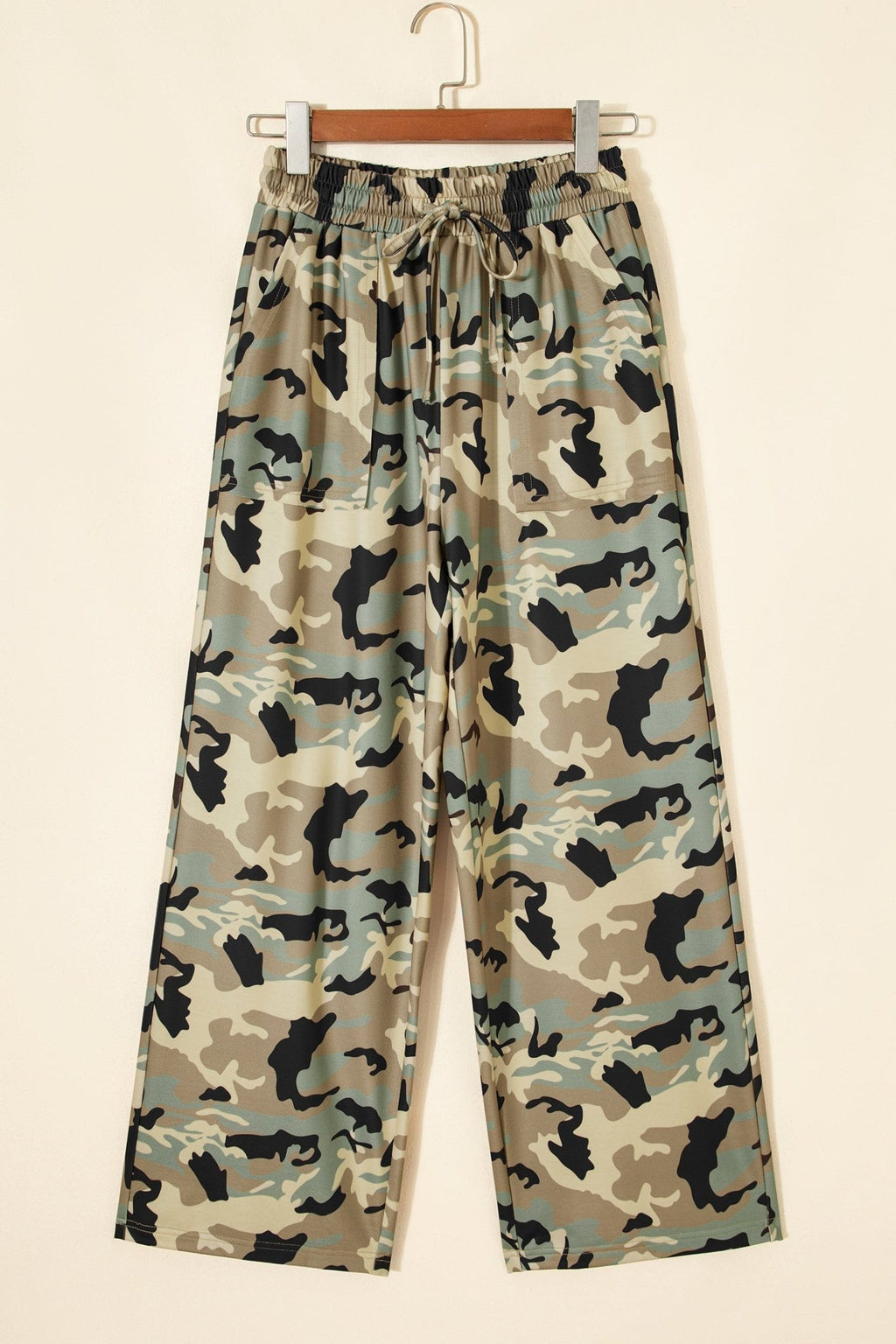 Camo Drawstring Elastic Waist Wide Leg Pants - Rooted & Reckless Co.