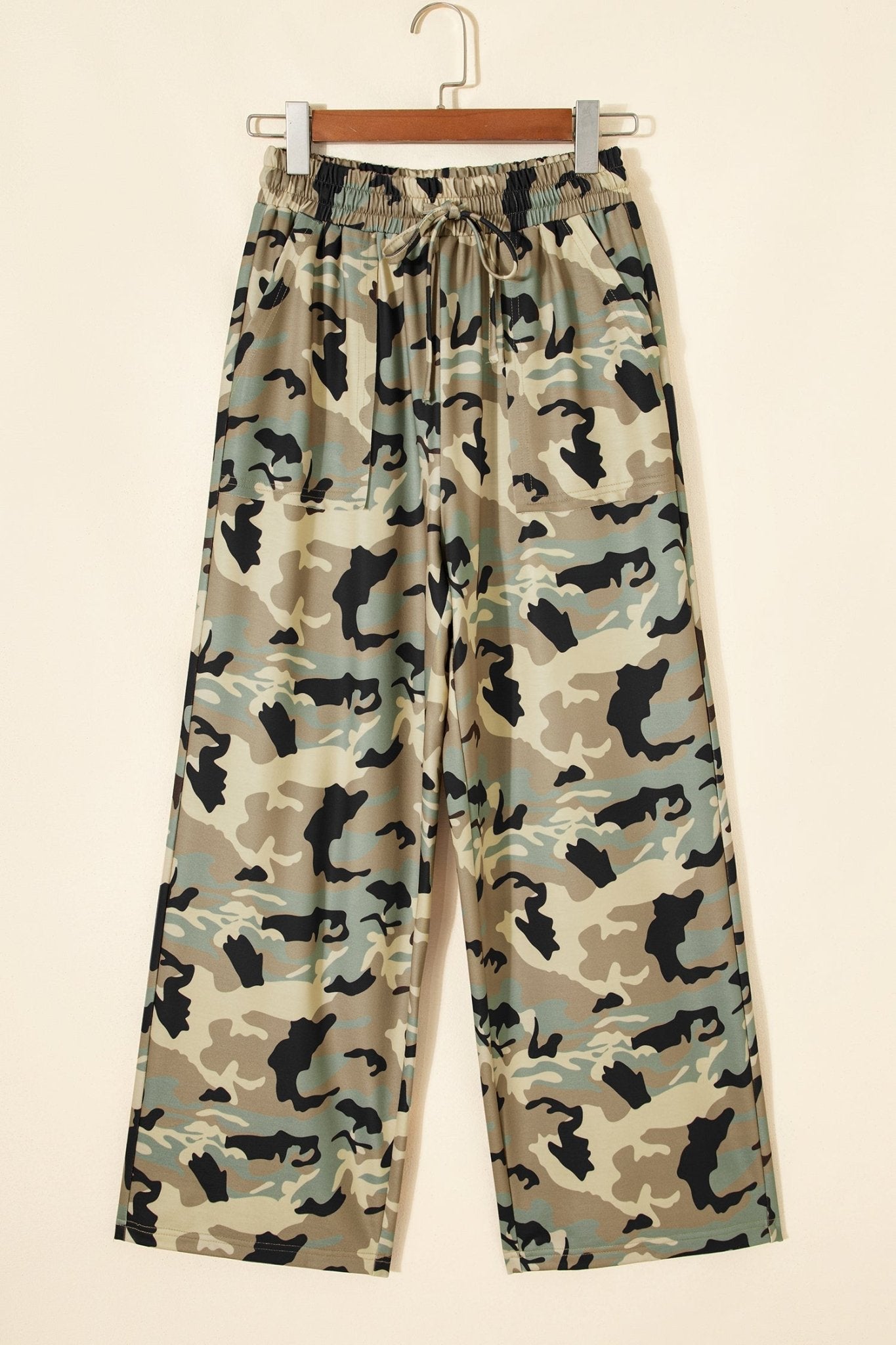 Camo Drawstring Elastic Waist Wide Leg Pants - Rooted & Reckless Co.