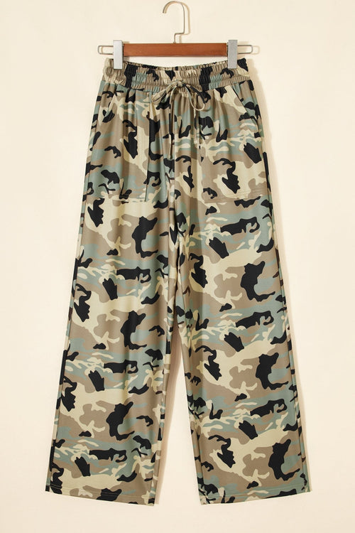 Camo Drawstring Elastic Waist Wide Leg Pants - Rooted & Reckless Co.