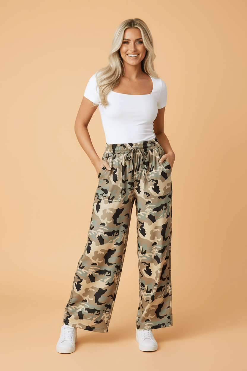 Camo Drawstring Elastic Waist Wide Leg Pants - Rooted & Reckless Co.