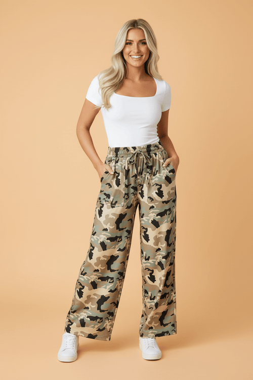 Camo Drawstring Elastic Waist Wide Leg Pants - Rooted & Reckless Co.