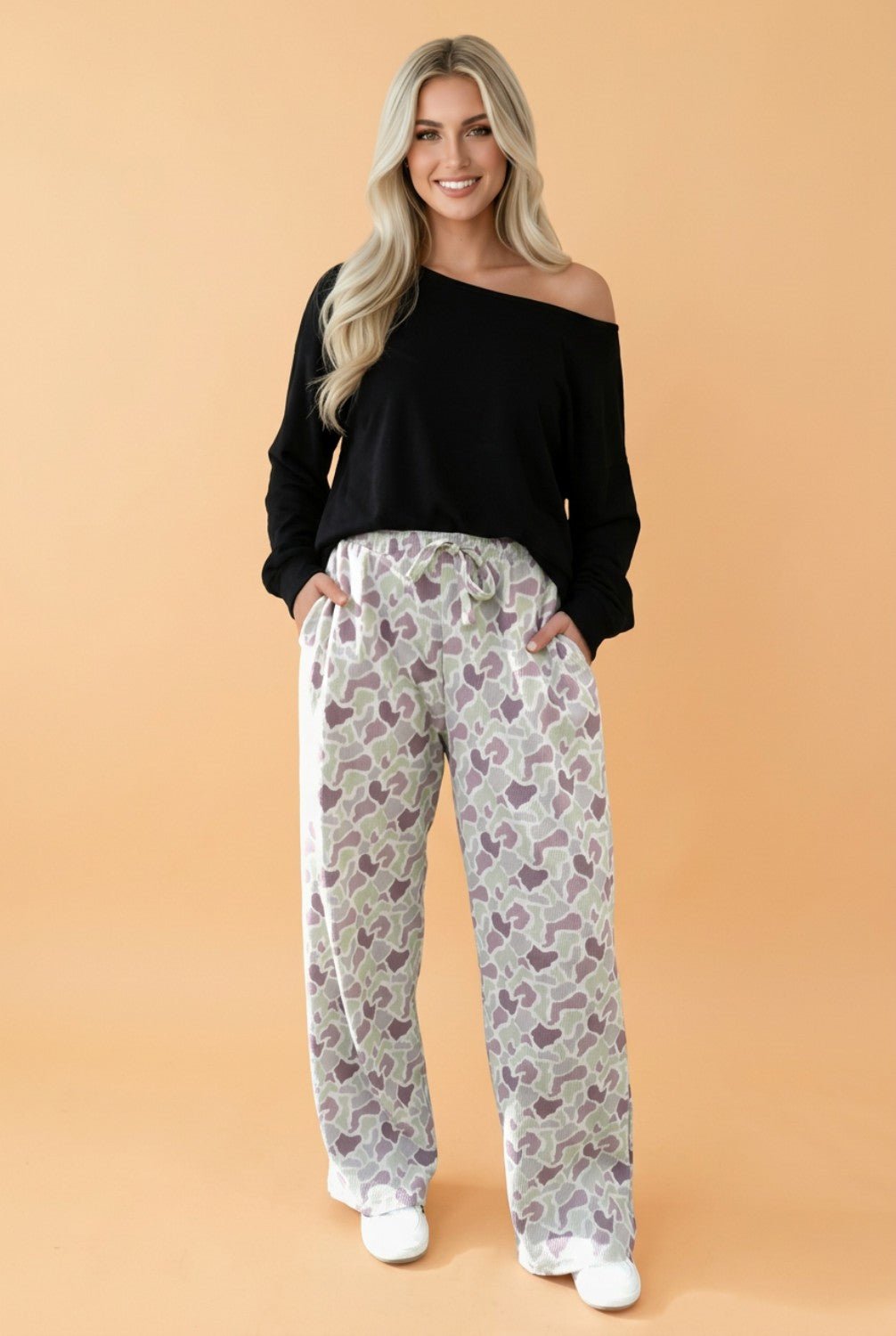 Camo Drawstring High Waist Wide Leg Pants - Rooted & Reckless Co.
