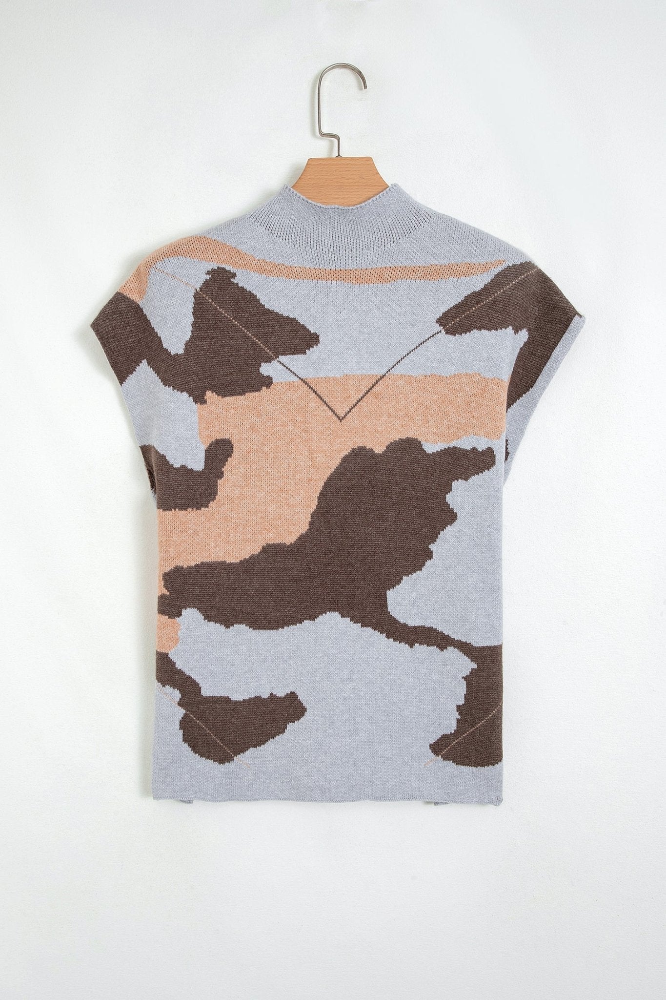 Camo Drop Shoulder High Neck Short Sleeve Sweater - Rooted & Reckless Co.