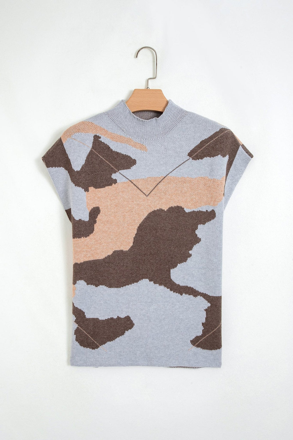 Camo Drop Shoulder High Neck Short Sleeve Sweater - Rooted & Reckless Co.