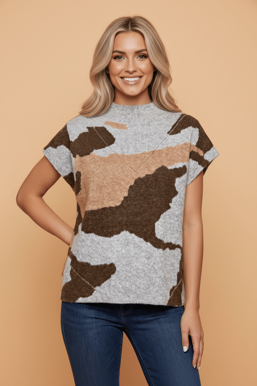 Camo Drop Shoulder High Neck Short Sleeve Sweater - Rooted & Reckless Co.