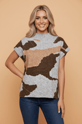 Camo Drop Shoulder High Neck Short Sleeve Sweater - Rooted & Reckless Co.