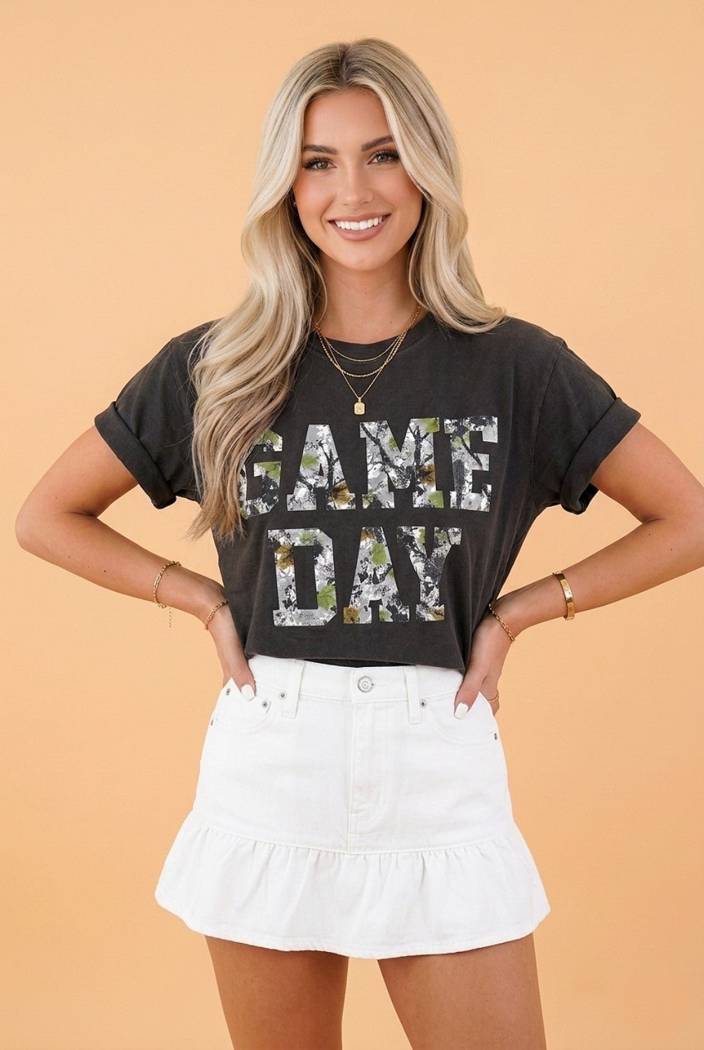 Camo Game Day Letter Graphic Round Neck T-Shirt - Rooted & Reckless Co.