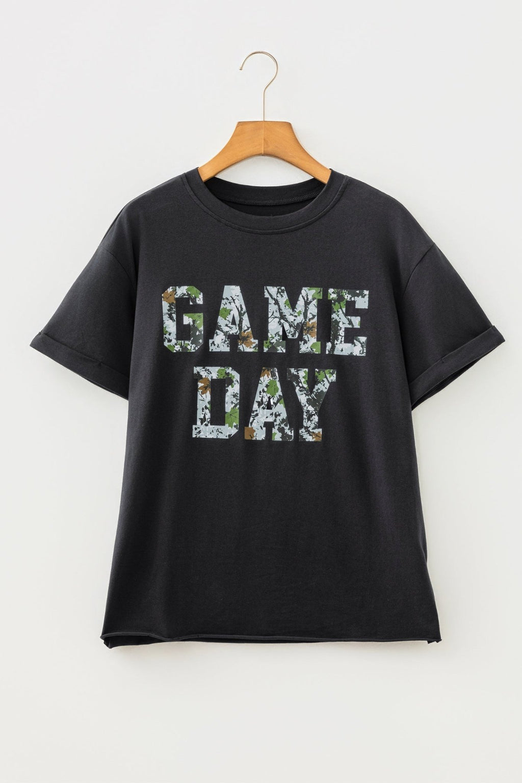 Camo Game Day Letter Graphic Round Neck T-Shirt - Rooted & Reckless Co.
