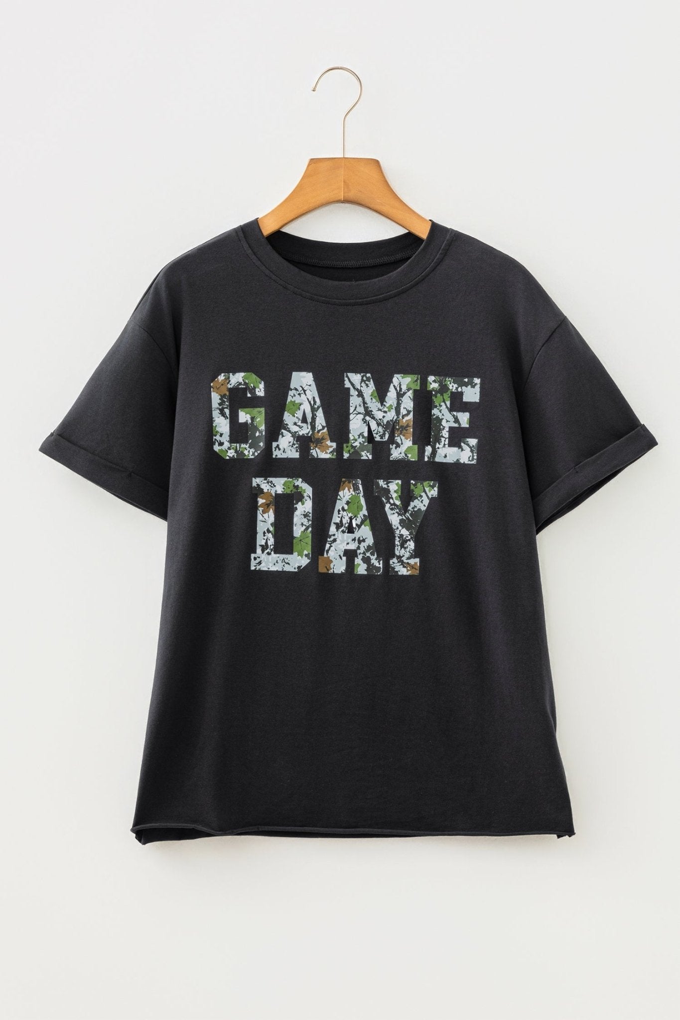 Camo Game Day Letter Graphic Round Neck T-Shirt - Rooted & Reckless Co.