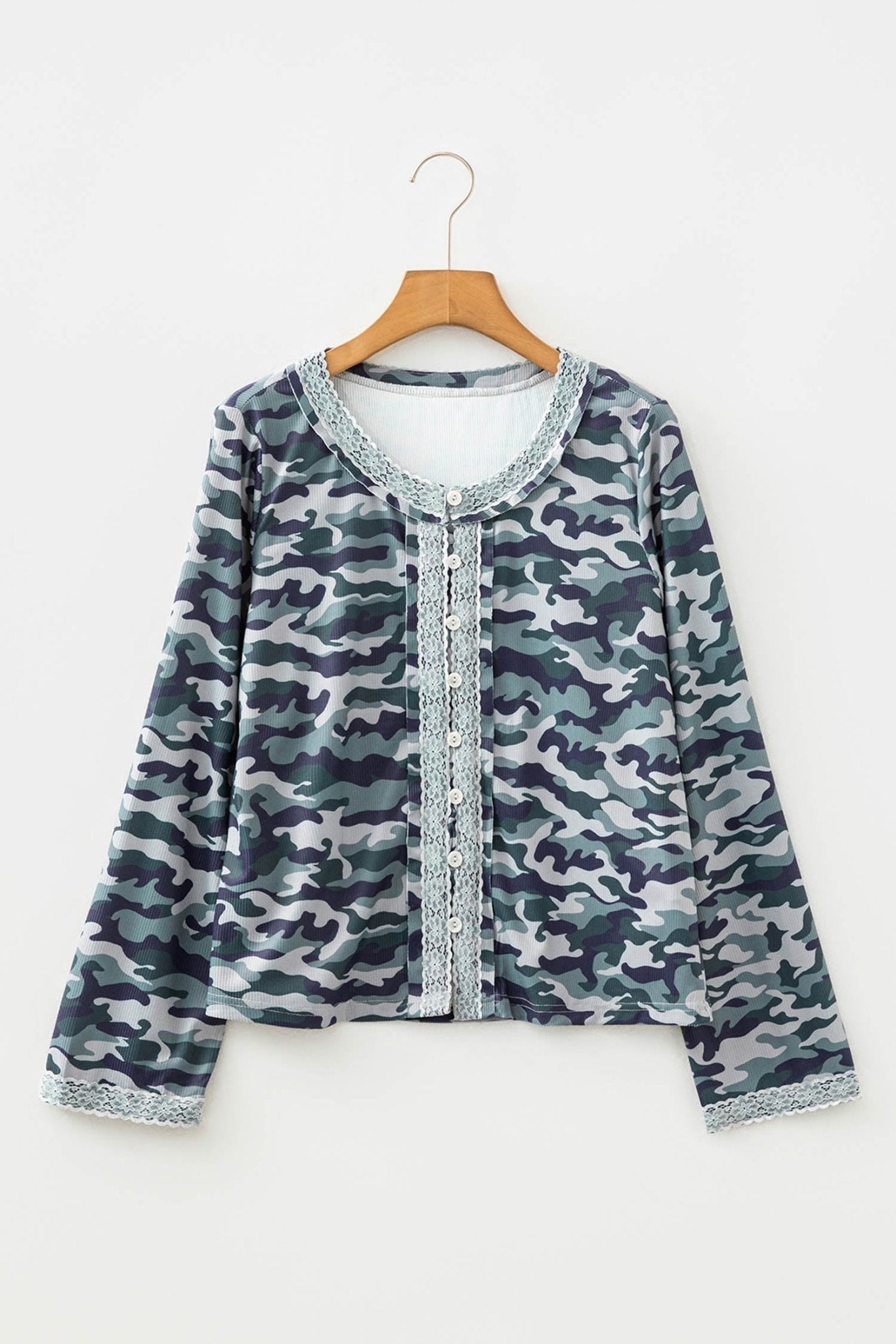 Camo Lace Patchwork Buttoned Long Sleeve Top - Rooted & Reckless Co.