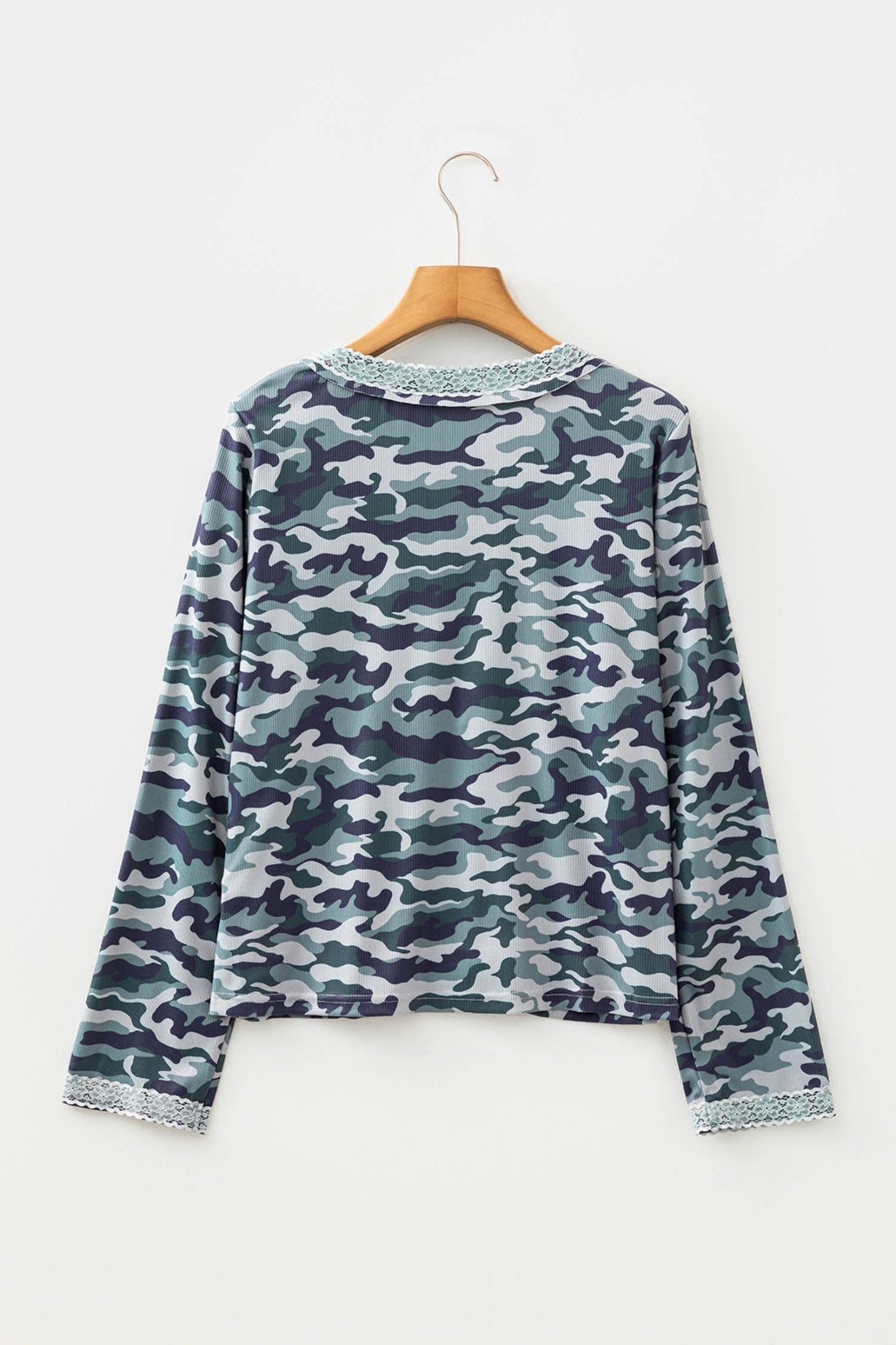 Camo Lace Patchwork Buttoned Long Sleeve Top - Rooted & Reckless Co.