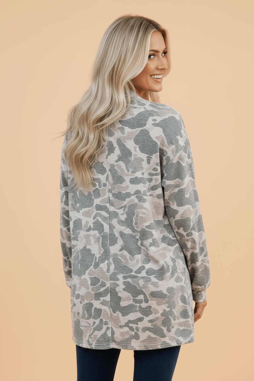 Camo Long Sleeve Open Front Tunic Cardigan - Rooted & Reckless Co.