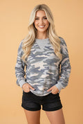 Camo Long Sleeve Round Neck Shift Pullover Top - Rooted & Reckless Co.