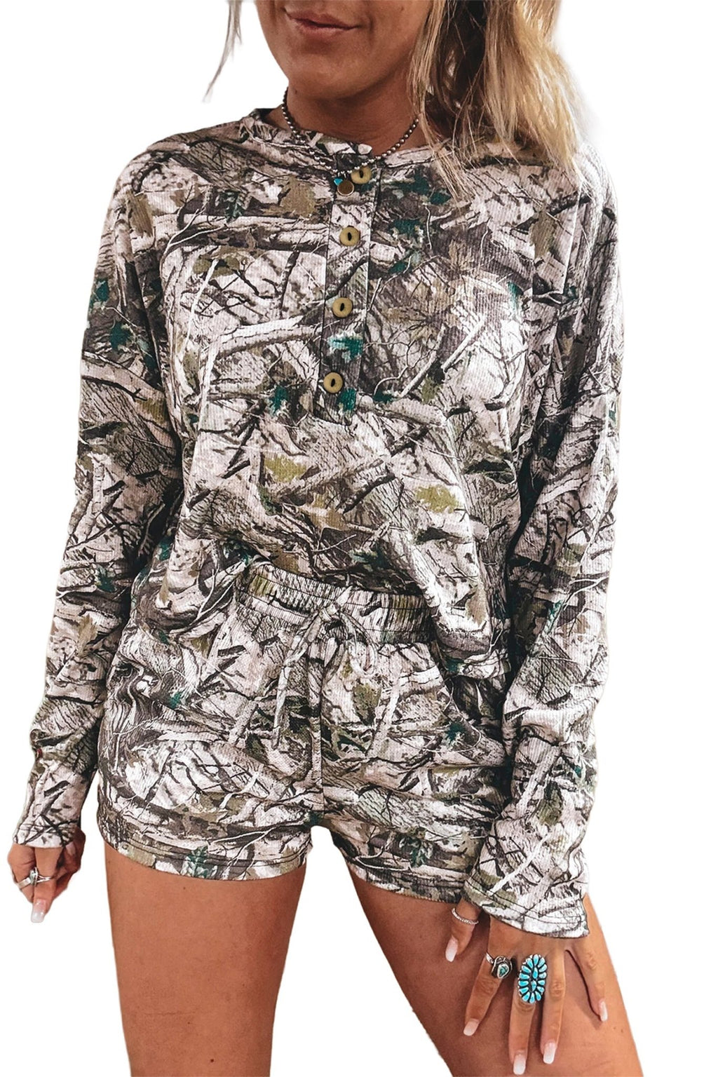 Camo Long Sleeve Top & Elastic Waist Shorts Set - Rooted & Reckless Co.