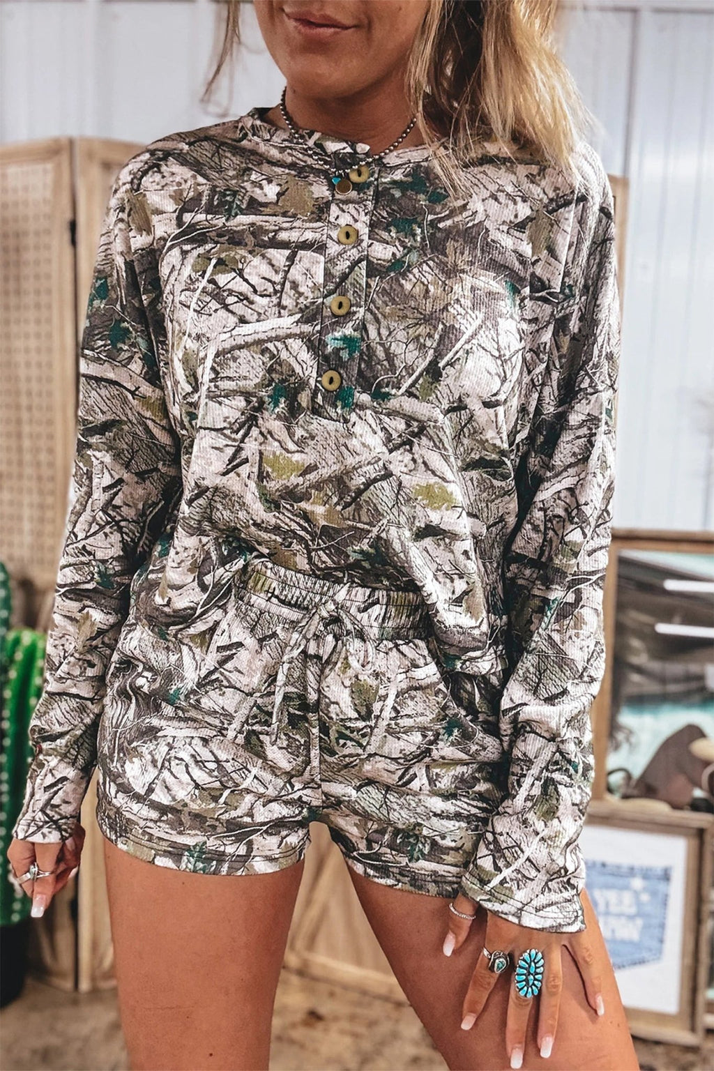 Camo Long Sleeve Top & Elastic Waist Shorts Set - Rooted & Reckless Co.