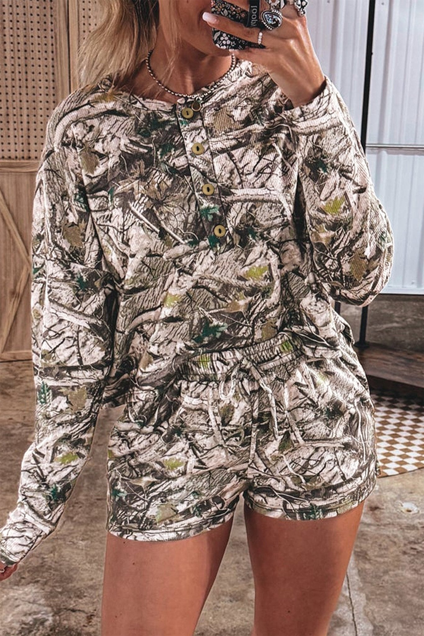 Camo Long Sleeve Top & Elastic Waist Shorts Set - Rooted & Reckless Co.