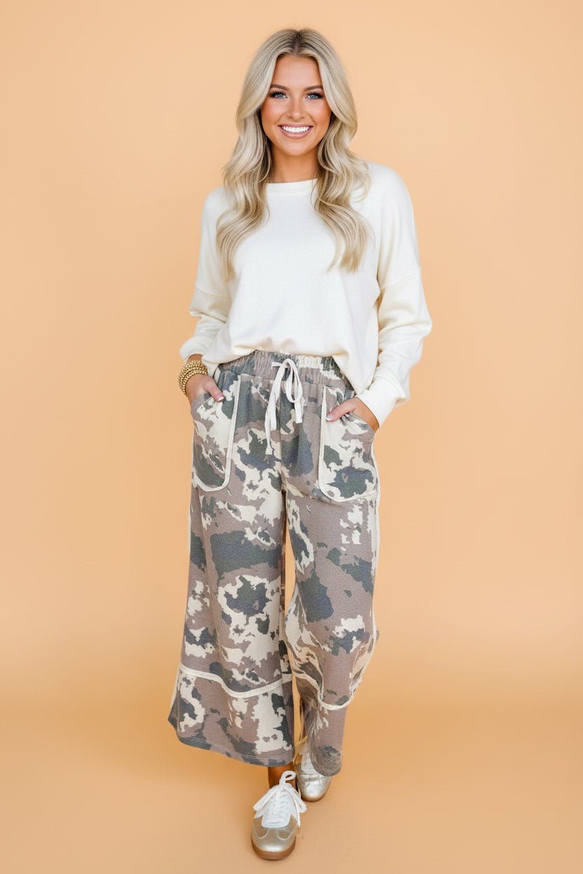Camo Raw Edge Pocketed Drawstring Pants - Rooted & Reckless Co.