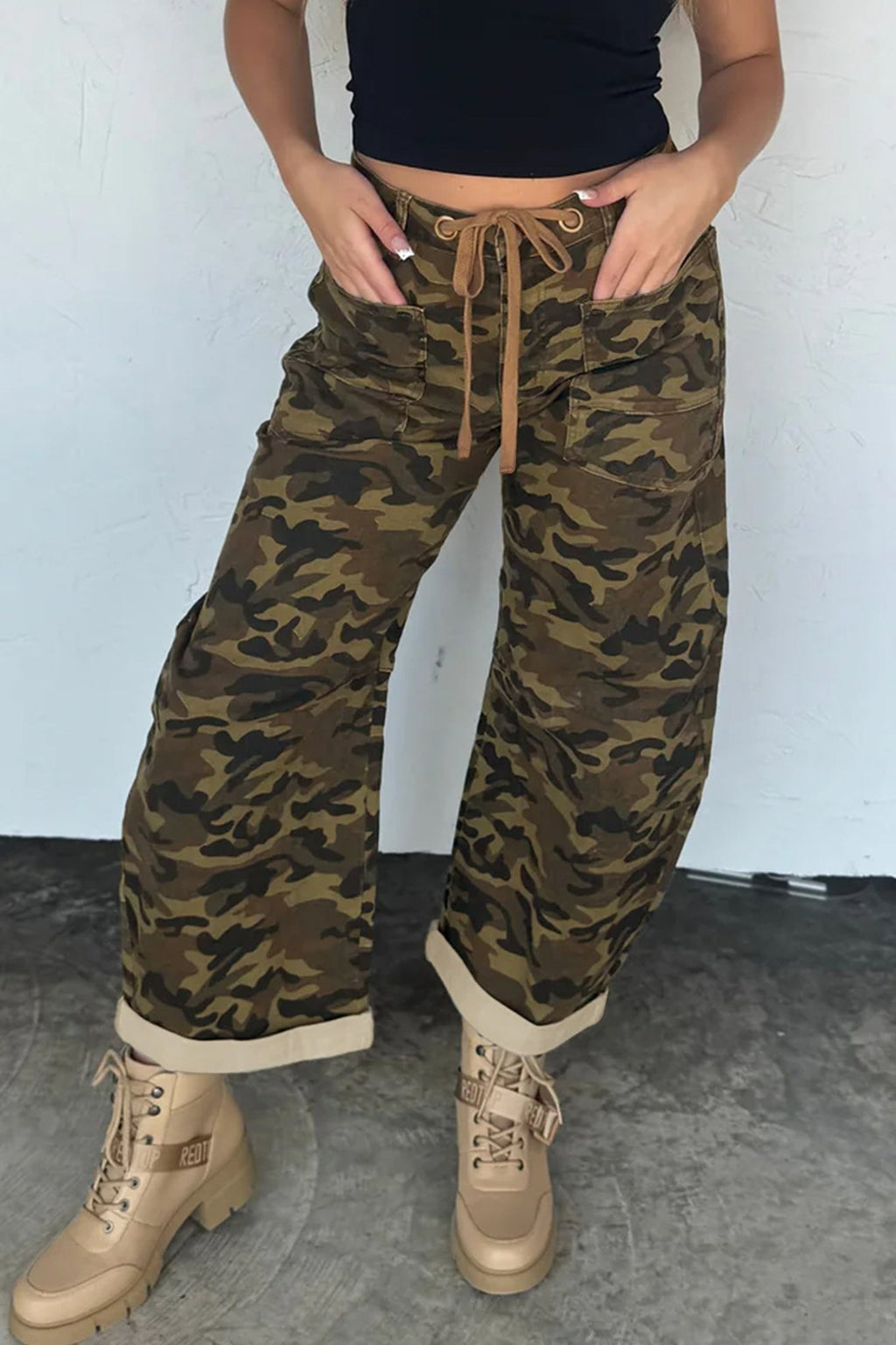 Camo Retro Grommet Tie Waist Loose Jeans - Rooted & Reckless Co.