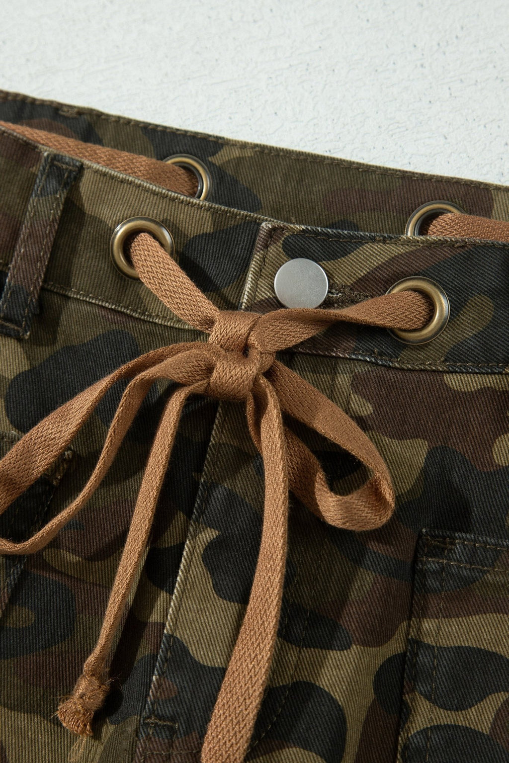 Camo Retro Grommet Tie Waist Loose Jeans - Rooted & Reckless Co.