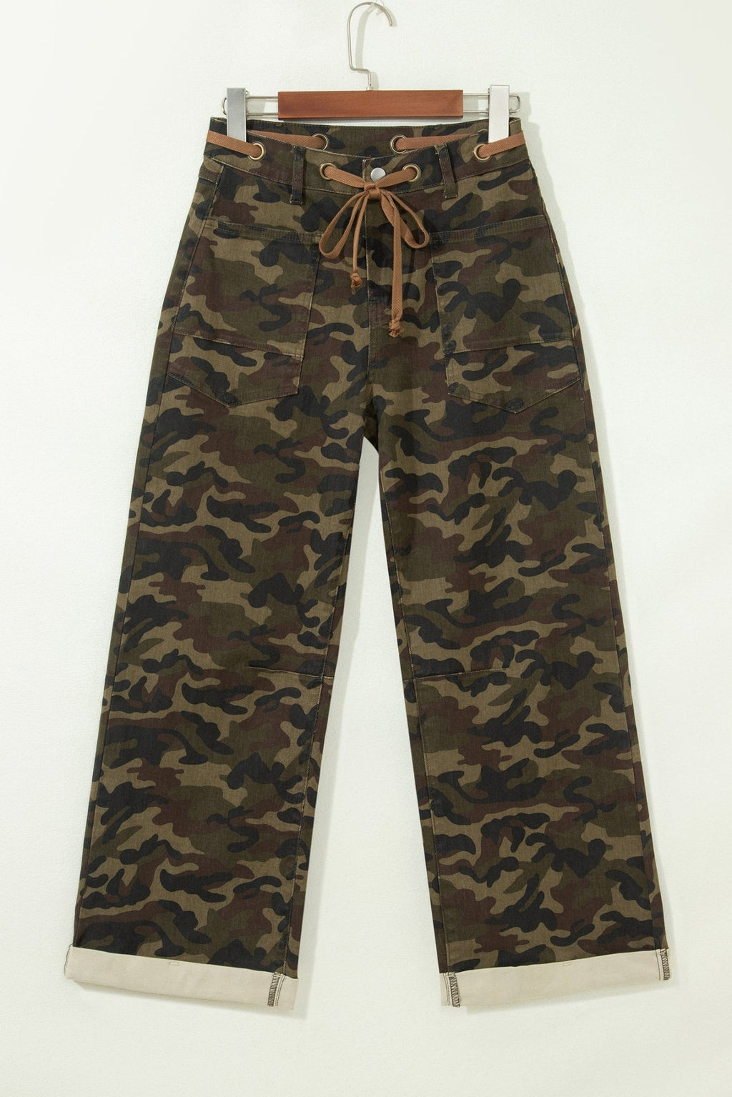 Camo Retro Grommet Tie Waist Loose Jeans - Rooted & Reckless Co.