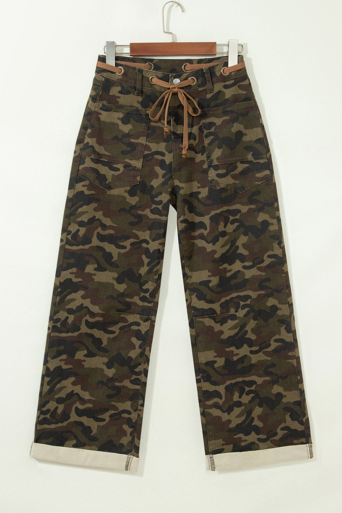Camo Retro Grommet Tie Waist Loose Jeans - Rooted & Reckless Co.